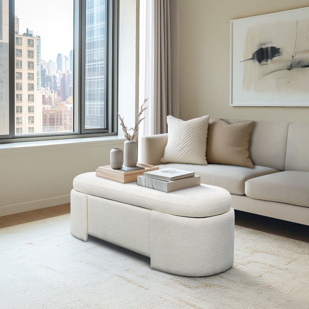 Fully Upholstered Oval Storage Bench with Soft-Close Lid. Picture 3