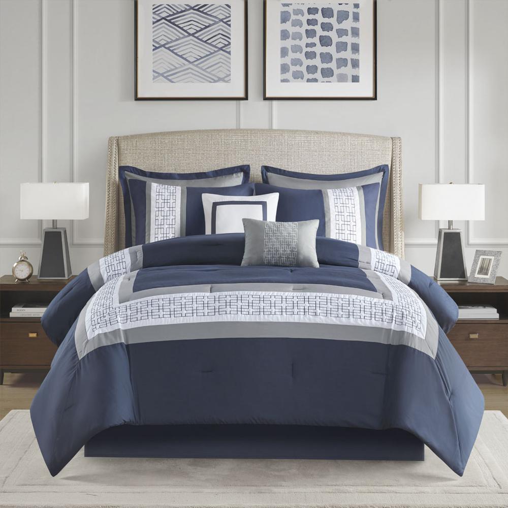 Powell 8 Piece Embroidered Comforter Set, Navy color. Picture 4