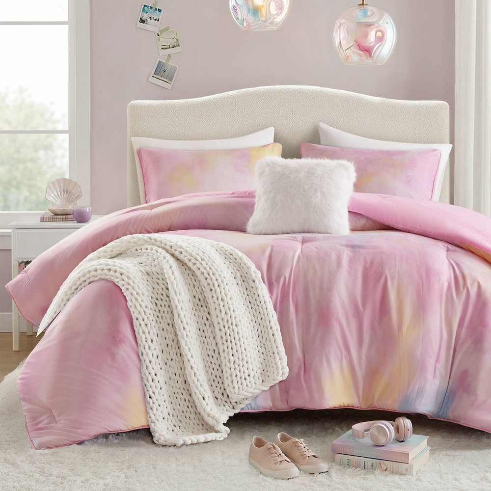 Cassiopeia Watercolor Tie Dye Printed Comforter Set with Throw Pillow. Picture 1