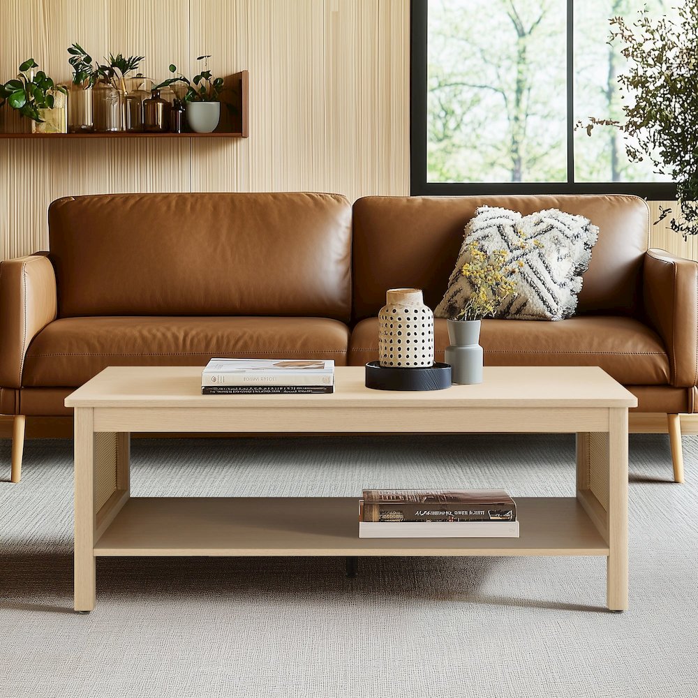 2-Tier Coffee Table with Rattan Sides & Spacious Open Shelf Storage. Picture 1