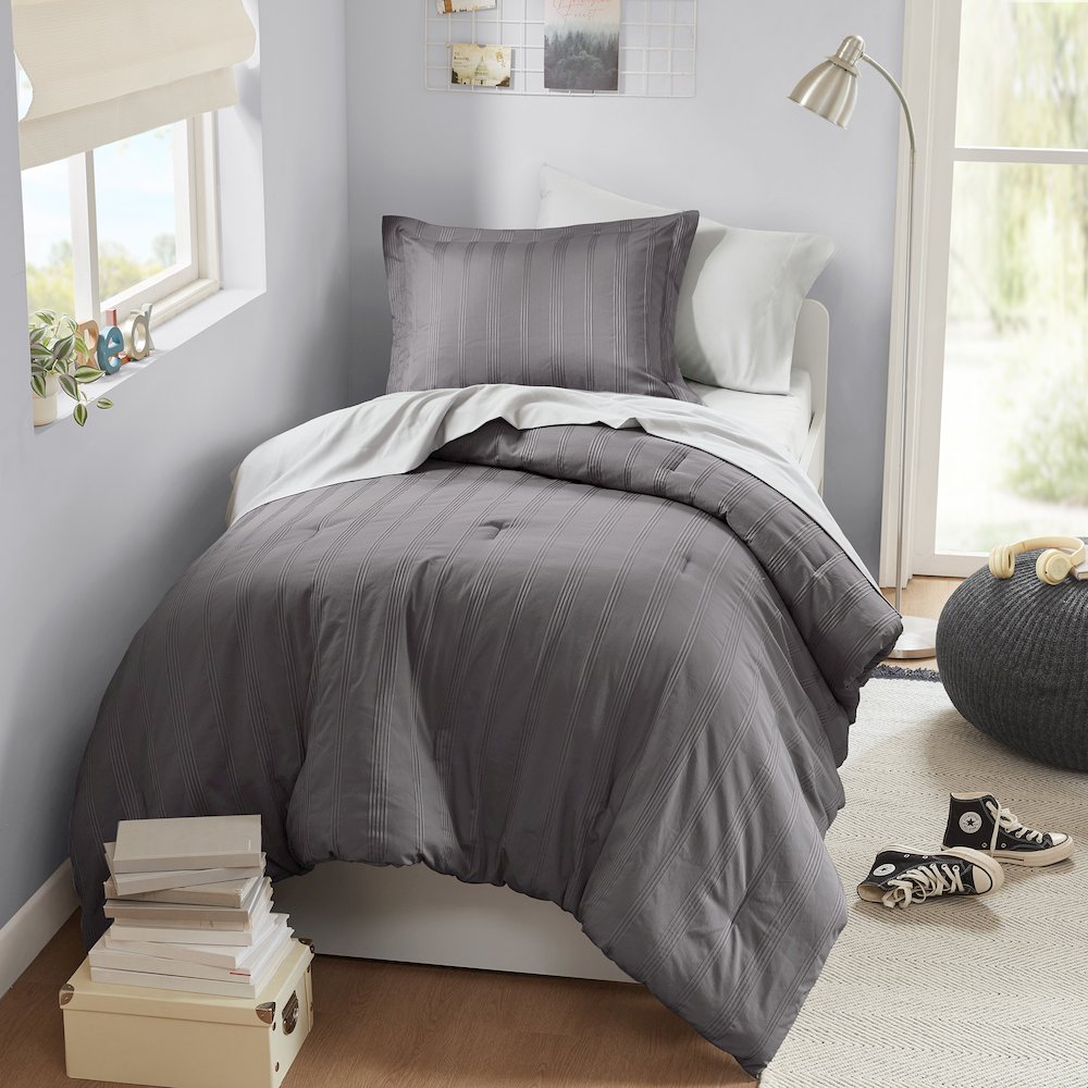 Logan Woven Striped Comforter Set, Charcoal color. Picture 5
