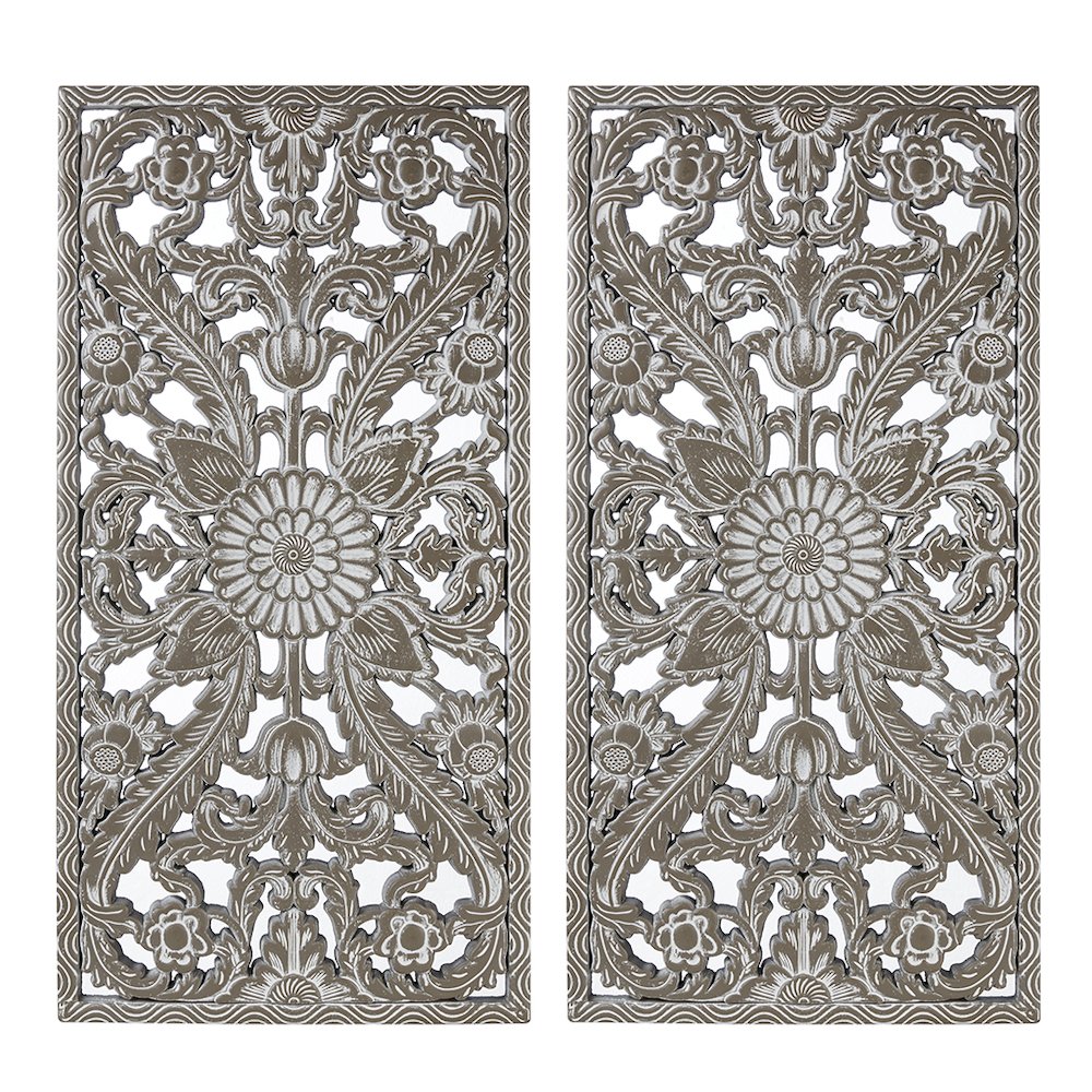 Botanical Panel Distressed Carved Wood 2-piece Wall Decor Set. Picture 1