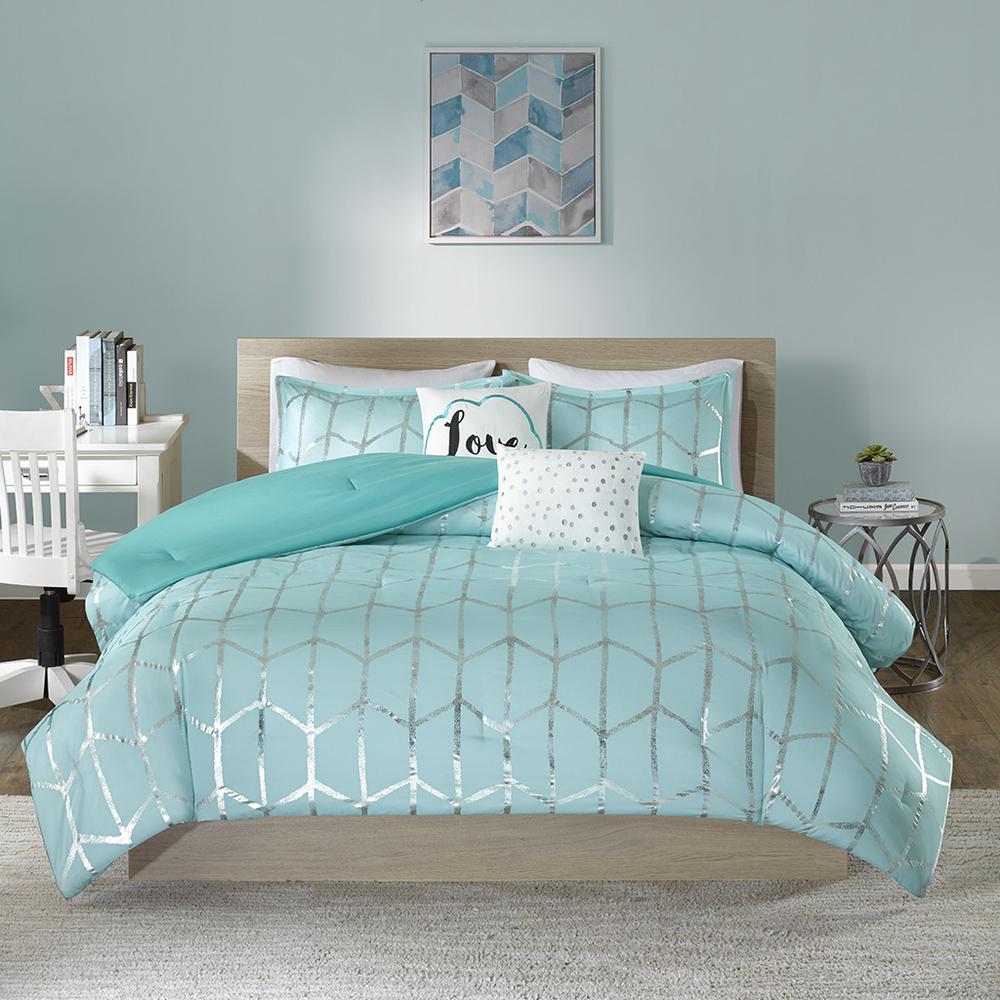 Raina Metallic Printed Comforter Set, Aqua/Silver color. Picture 5