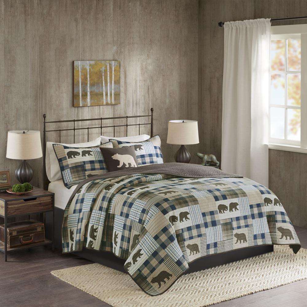 Twin Falls Oversized 4 Piece Quilt Set, Brown/Blue color. Picture 4