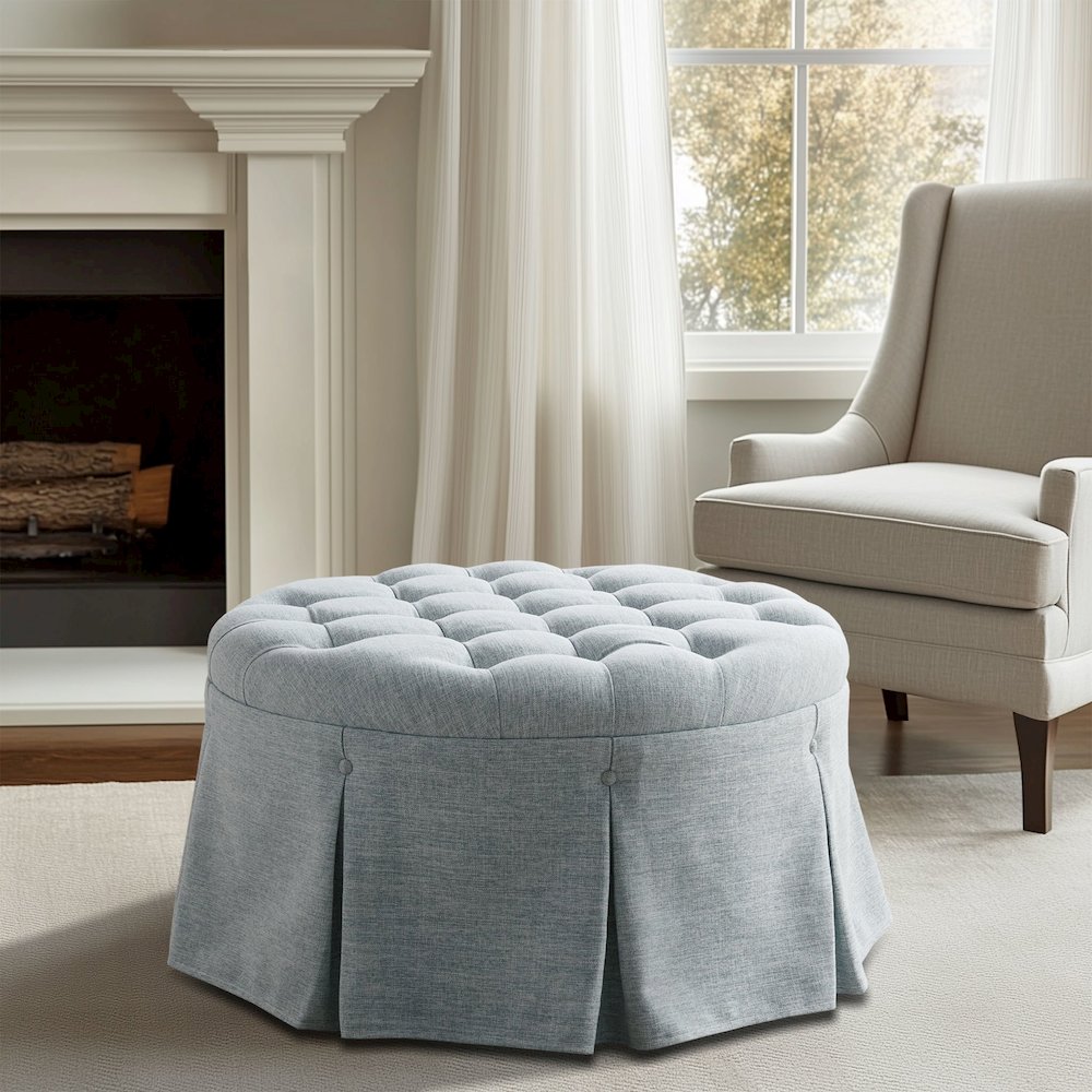 Terri Skirted Tufted 32" Round Ottoman, Light Blue color. Picture 2