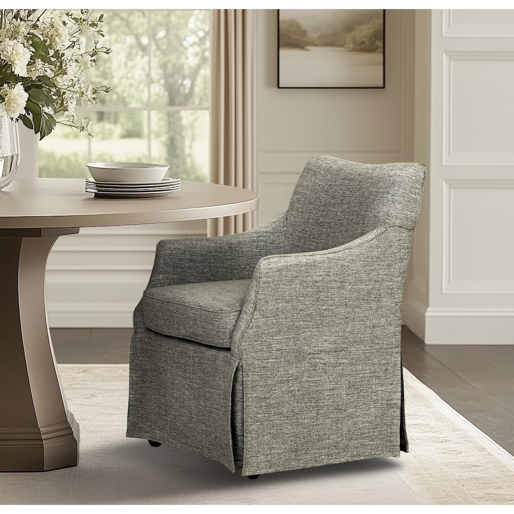 Upholstered Skirted Dining Arm Chair with Hidden Casters. Picture 5