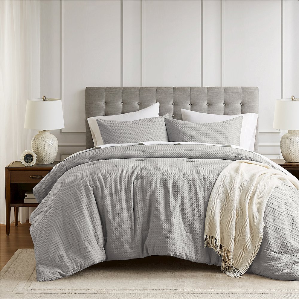 Mina Waffle Weave Textured Comforter Set, Light Grey color. Picture 1