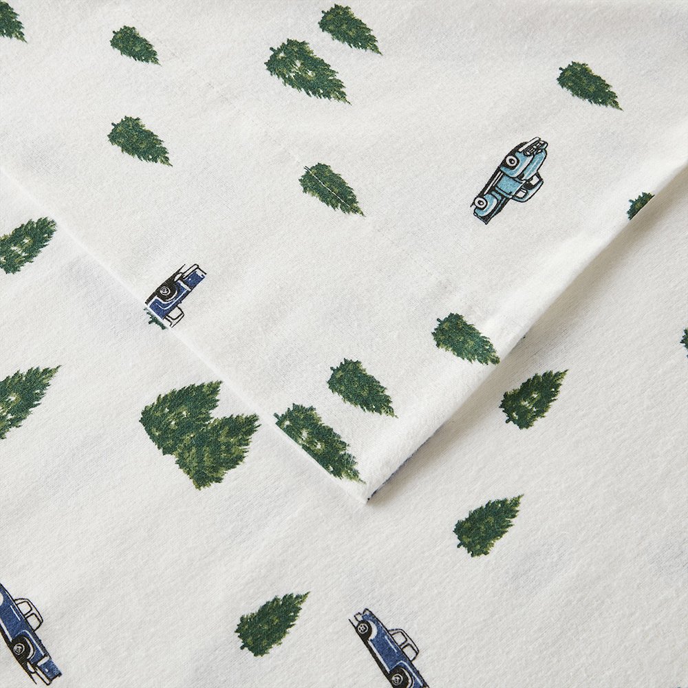 Cotton Flannel Sheet Set in Green Trees & Trucks. Picture 5