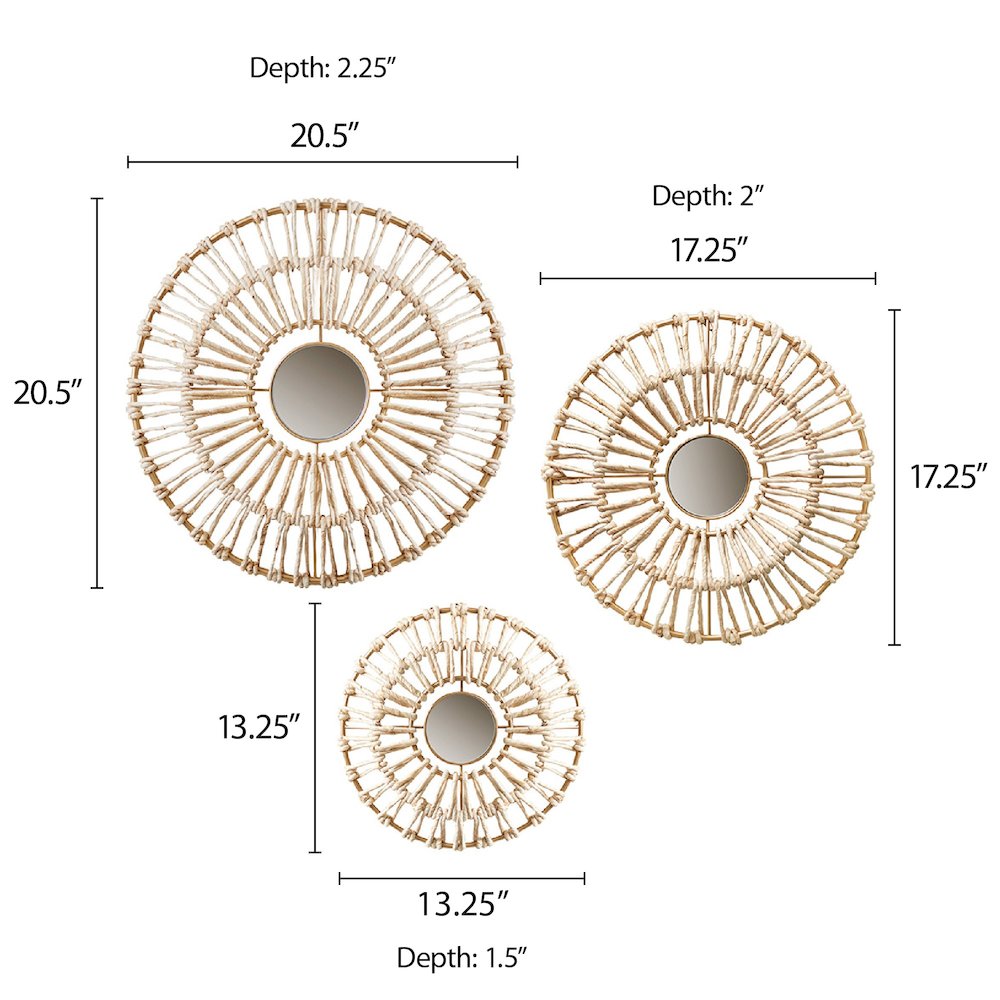 Round Natural Fiber and Mirror 3-piece Wall Decor Set. Picture 3