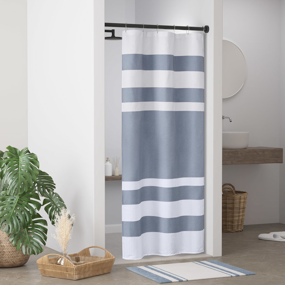 Spa Waffle Shower Curtain with 3M Treatment, Dark Blue color. Picture 3