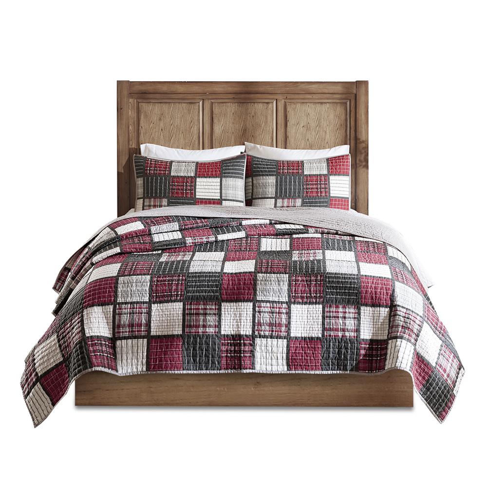 Tulsa Oversized Plaid Print Cotton Quilt Set, Red/Grey color. Picture 2