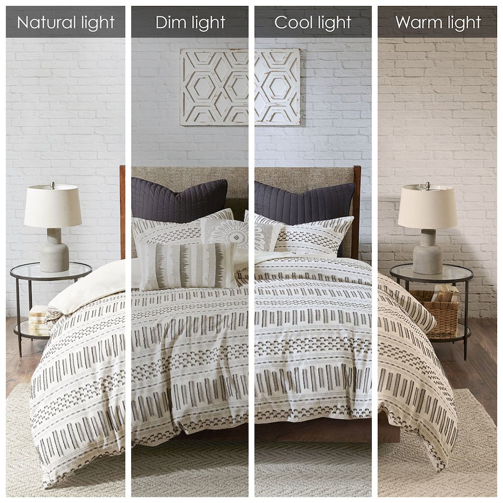 Rhea Cotton Jacquard Comforter Mini Set, Ivory/Charcoal color. Picture 1