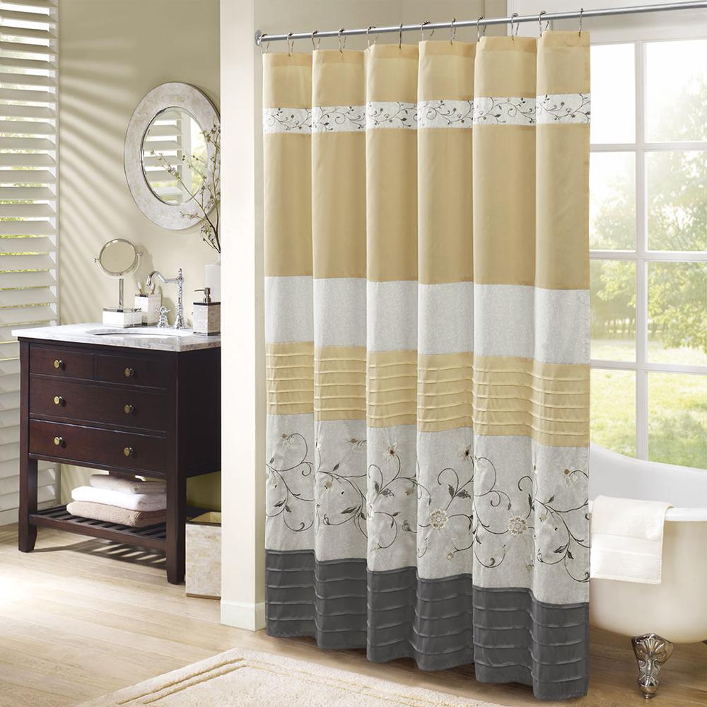 Faux Silk Embroidered Floral Shower Curtain. Picture 3