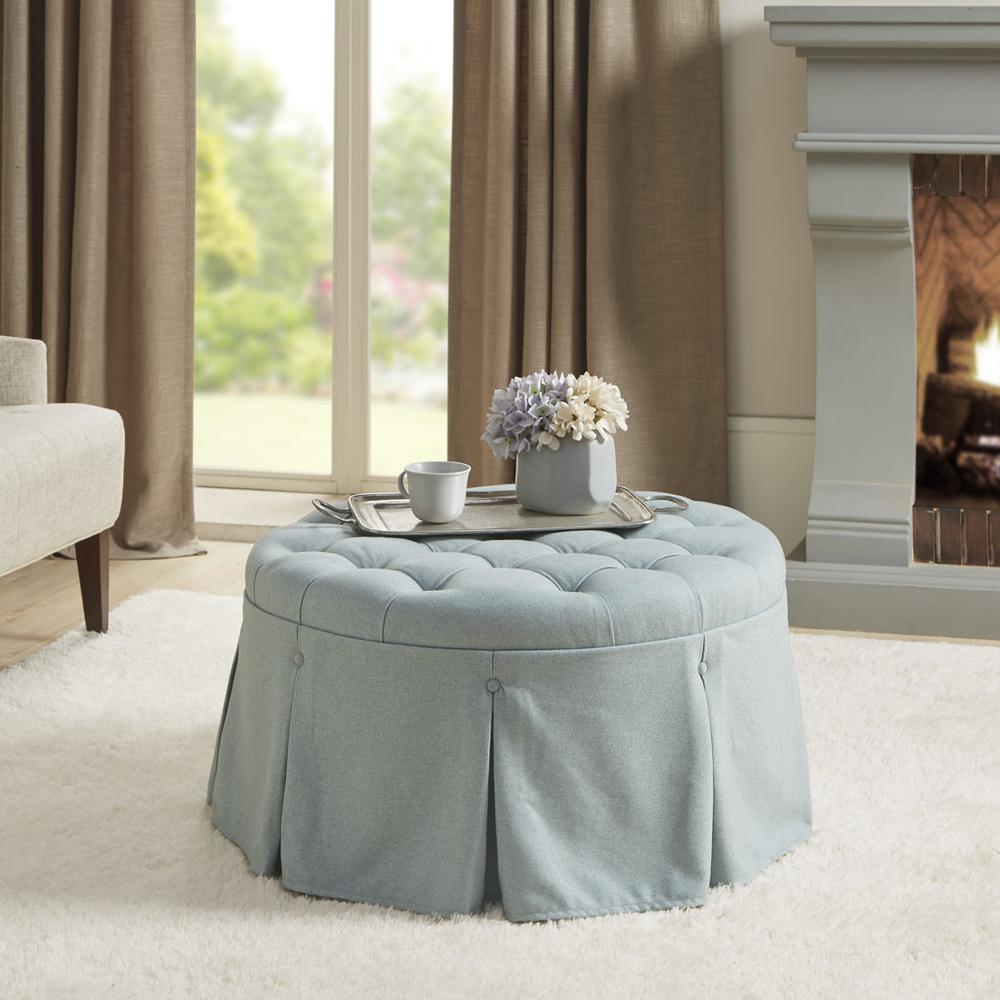 Skirted Tufted 32" Round Ottoman. Picture 4