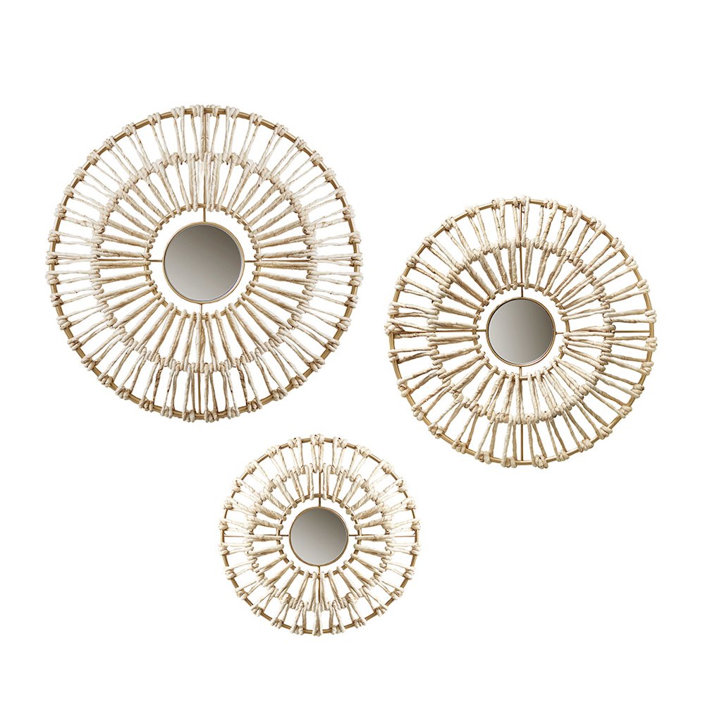 Round Natural Fiber and Mirror 3-piece Wall Decor Set. Picture 4