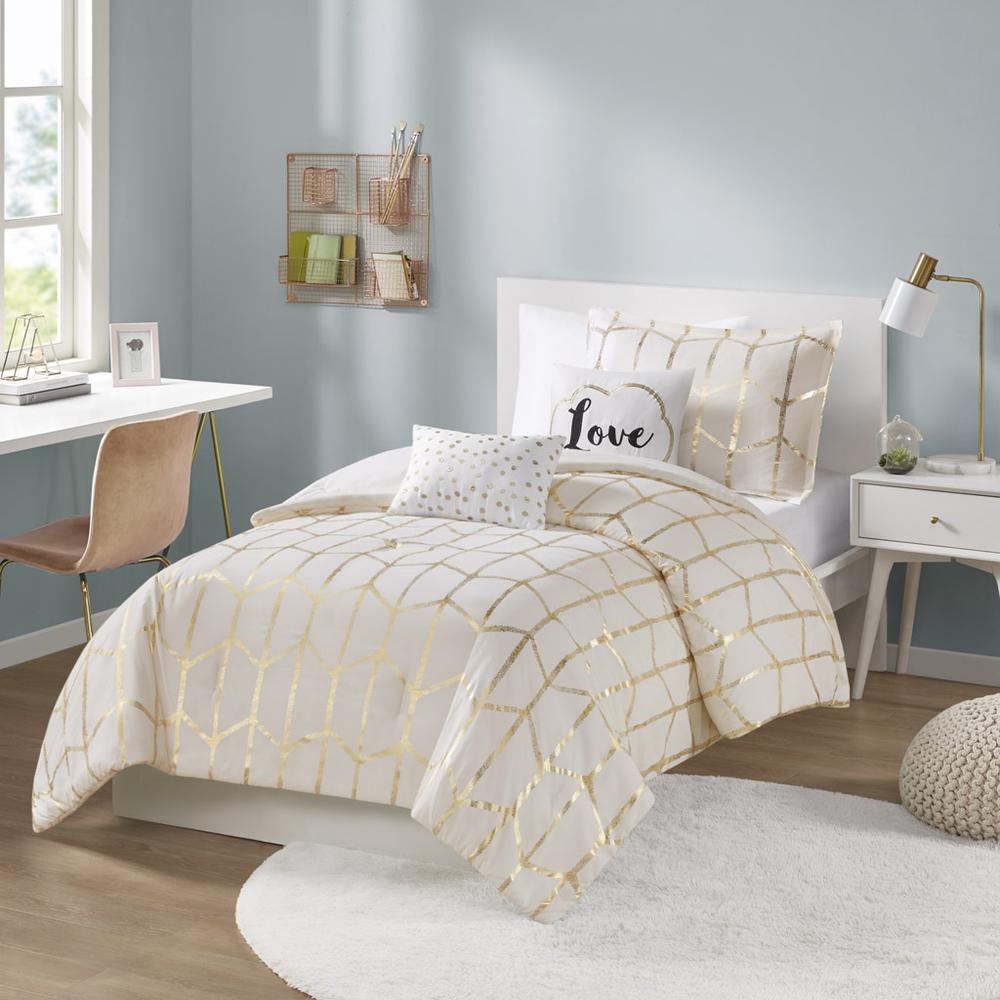 Raina Metallic Printed Comforter Set, Ivory/Gold color. Picture 4
