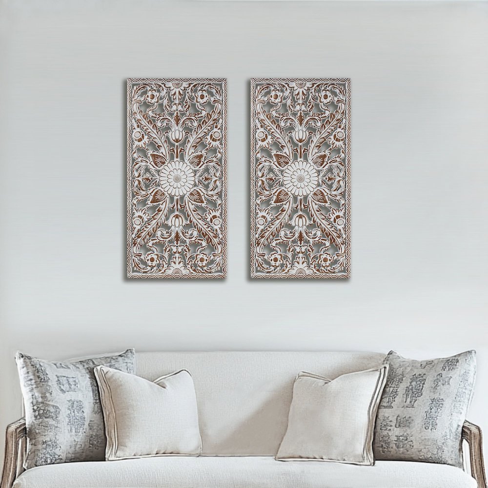 Botanical Panel Distressed Carved Wood 2-piece Wall Decor Set. Picture 2