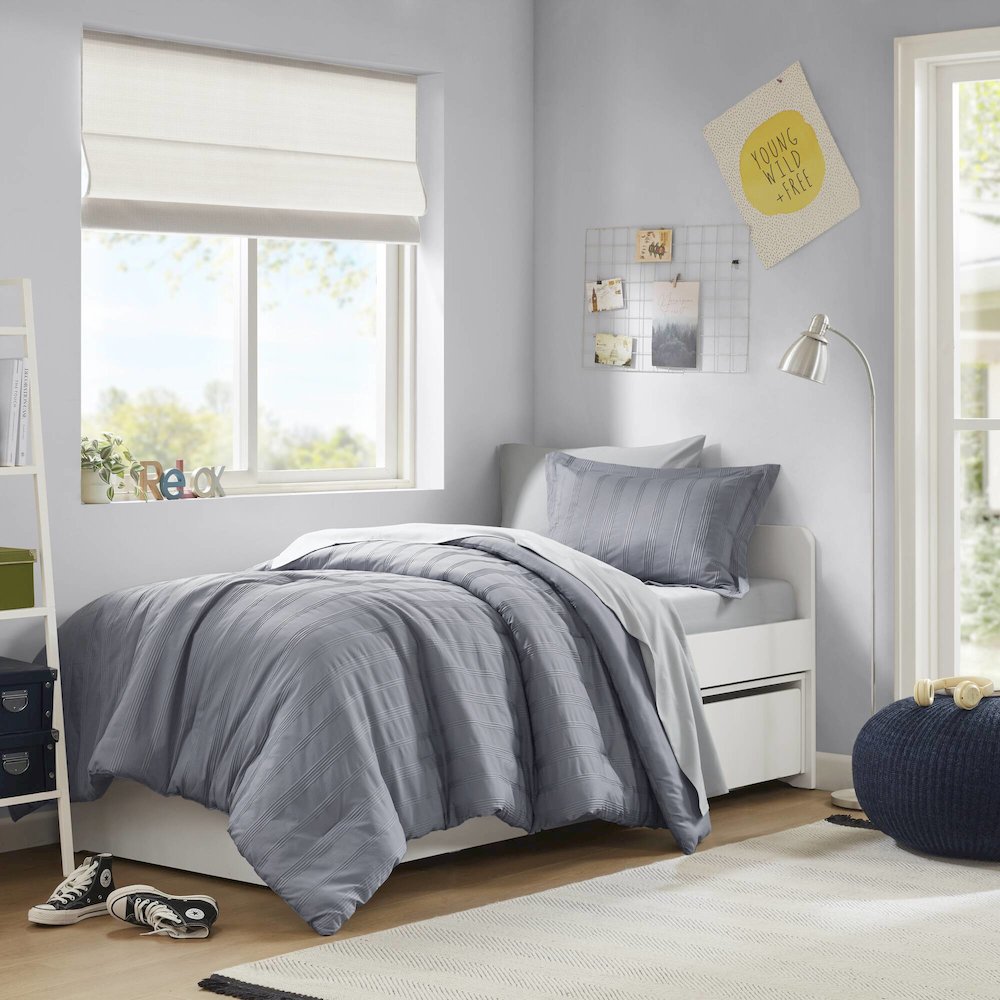 Logan Woven Striped Comforter Set, Blue/Grey color. Picture 1