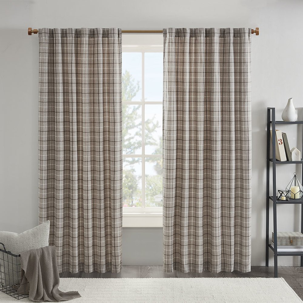 Plaid Rod Pocket and Back Tab Curtain Panel with Fleece Lining. Picture 2