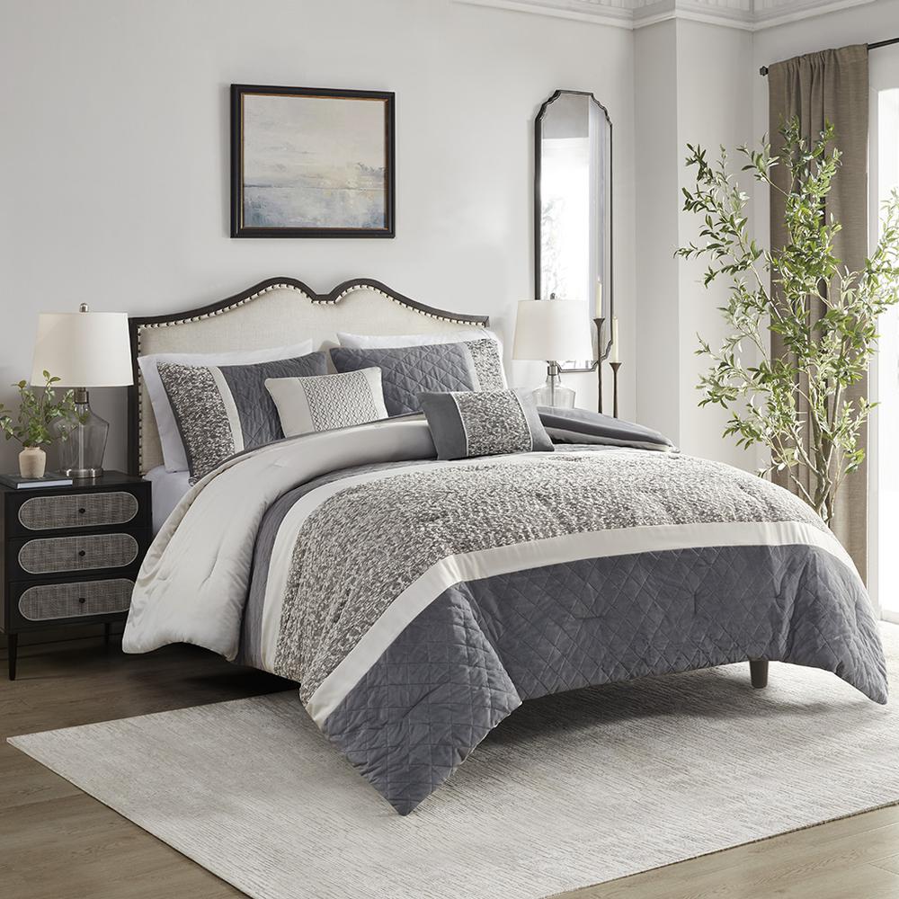 5 Piece Textured Jacquard Stripe Comforter Set with Throw Pillows. Picture 1