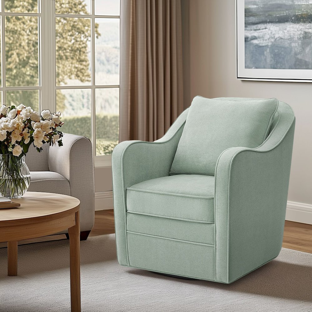 Brianne Upholstered Swivel Curved Armchair. Picture 1
