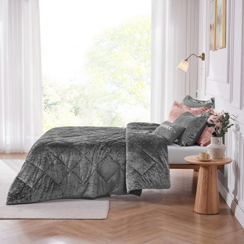 Felicia Velvet Comforter Set with Throw Pillow, Grey color. Picture 2
