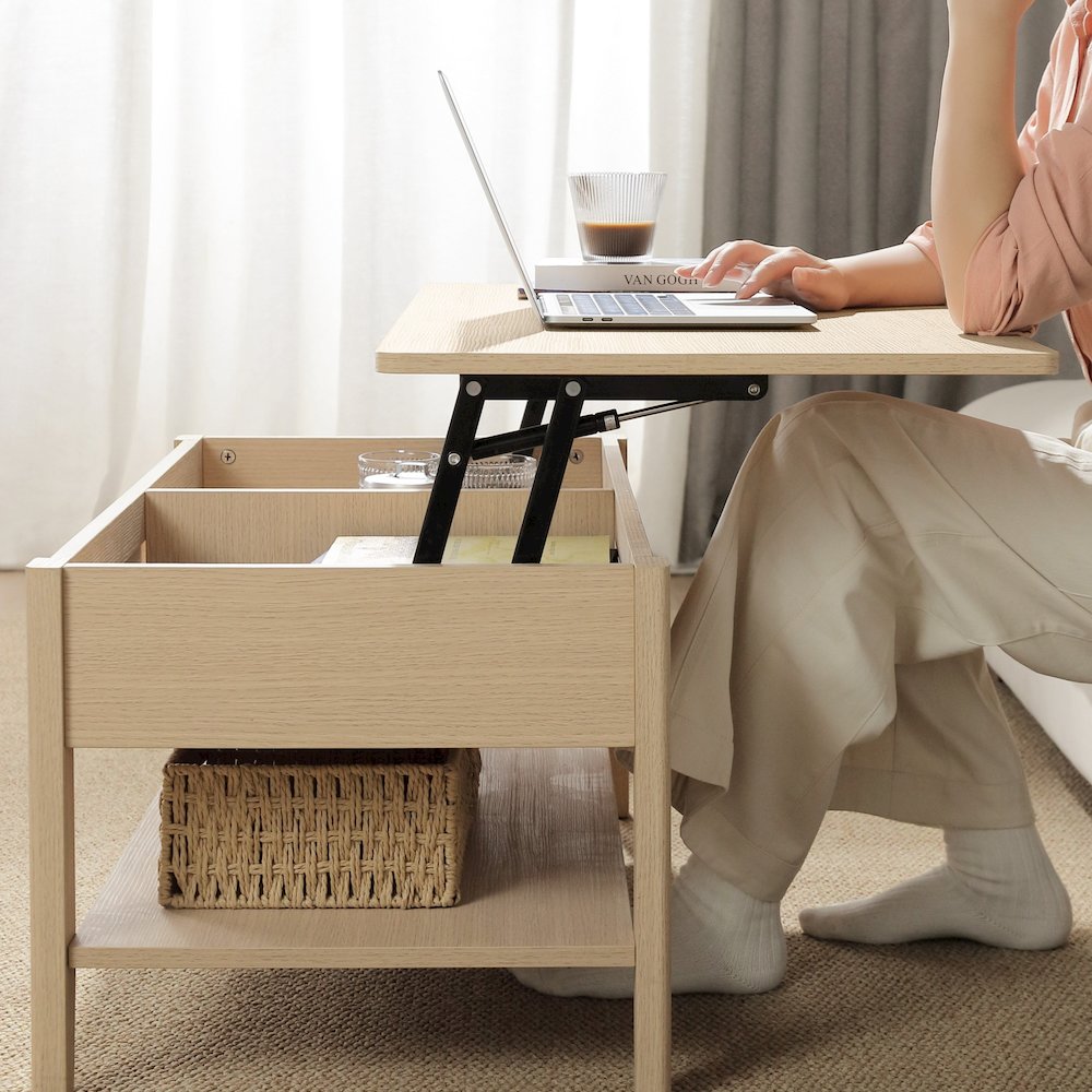 Rattan Lift-Top Coffee Table with Storage & Lower Open Shelf. Picture 2