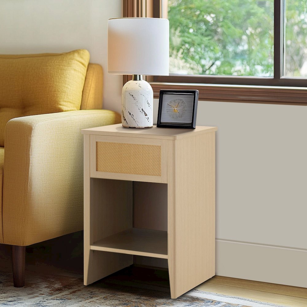 Rattan Accent Side Table with Drawer Storage & Lower Open Shelf. Picture 1