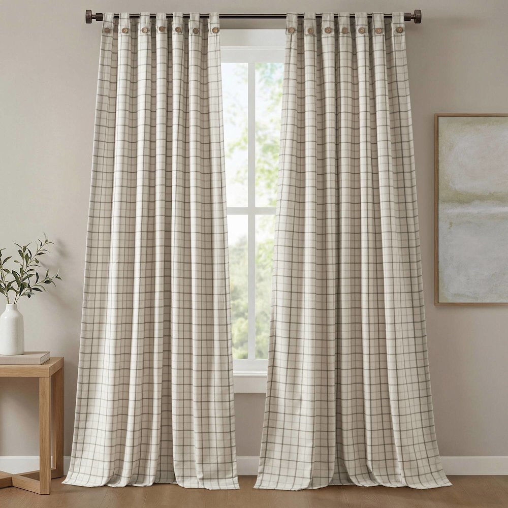 Anaheim Plaid Rod Pocket and Back Tab Curtain Panel with Fleece Lining. Picture 1