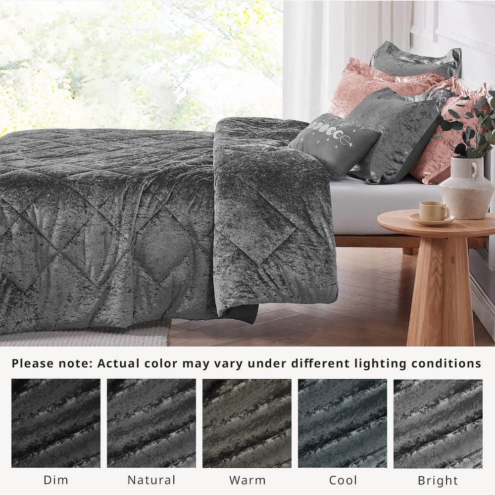 Felicia Velvet Comforter Set with Throw Pillow, Grey color. Picture 4