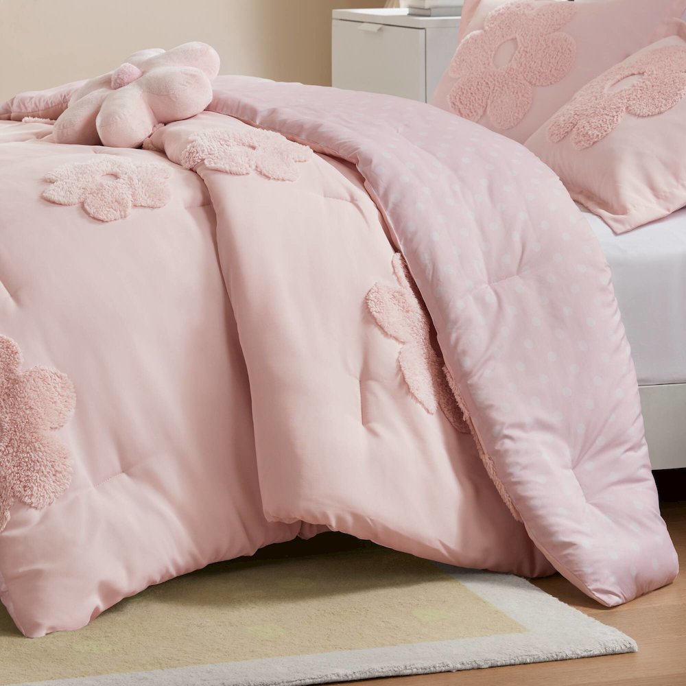 Floral Reversible Tufted Chenille Comforter Set with Flower Throw Pillow. Picture 5