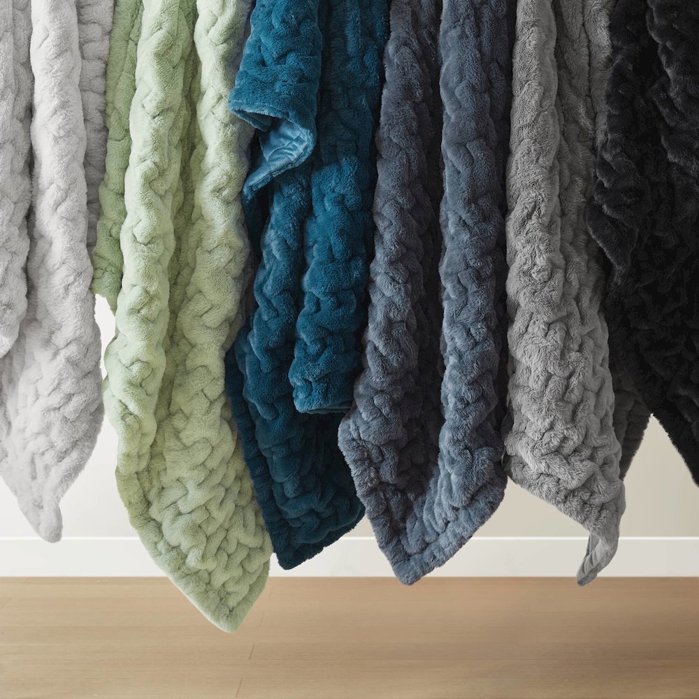 Ruched Fur Faux Fur Throw, Sage Green color. Picture 5