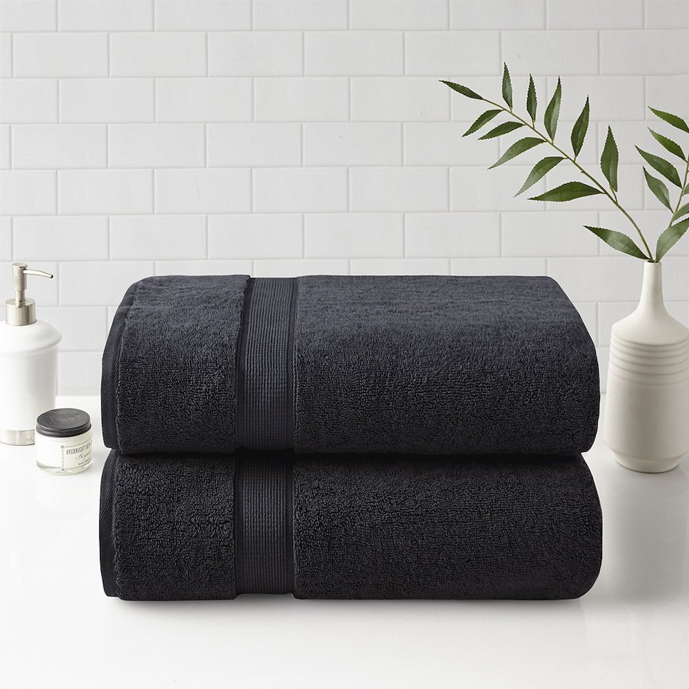 100% Cotton Bath Sheet Antimicrobial 2 Piece Set in Black Color. Picture 1