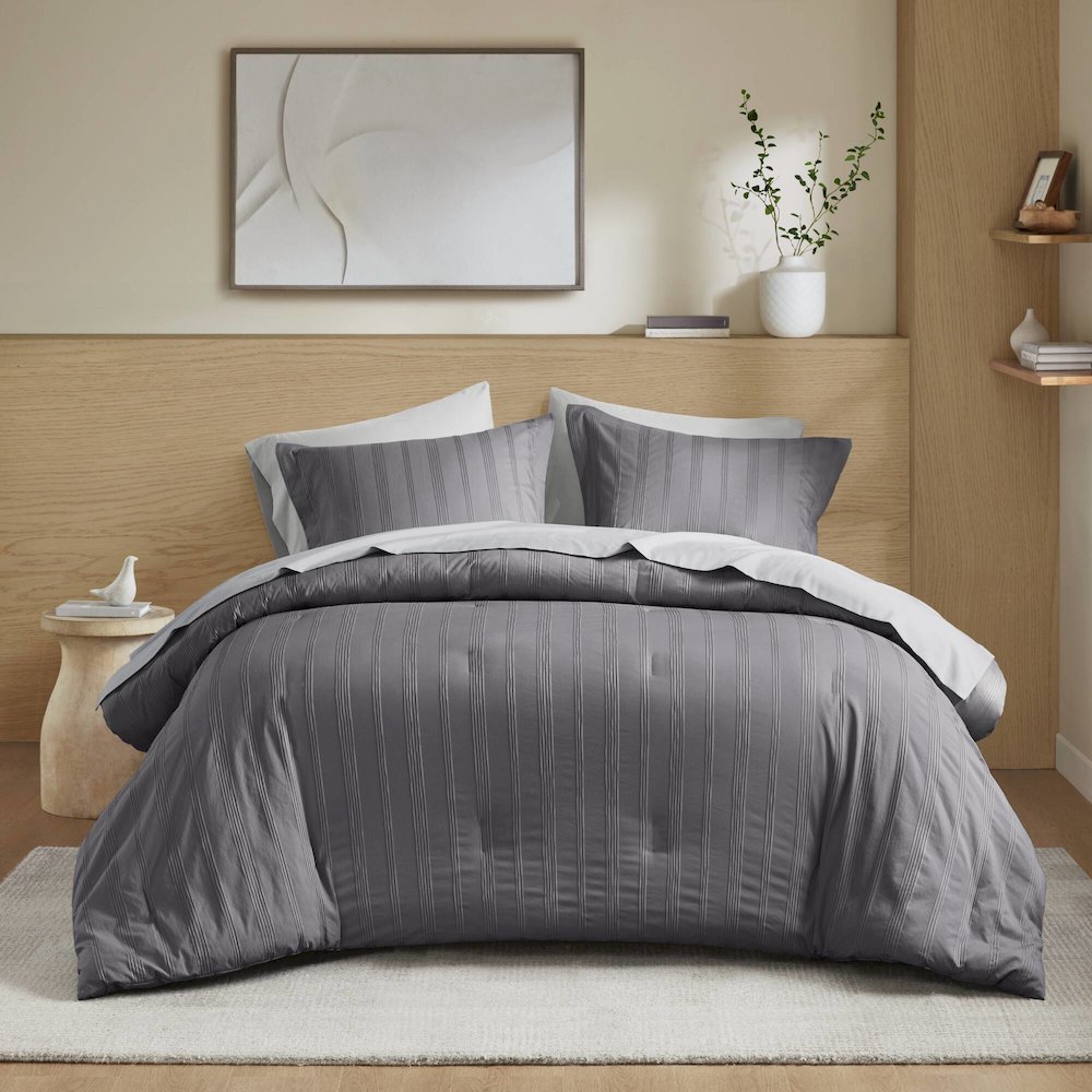 Logan Woven Striped Comforter Set, Charcoal color. Picture 1