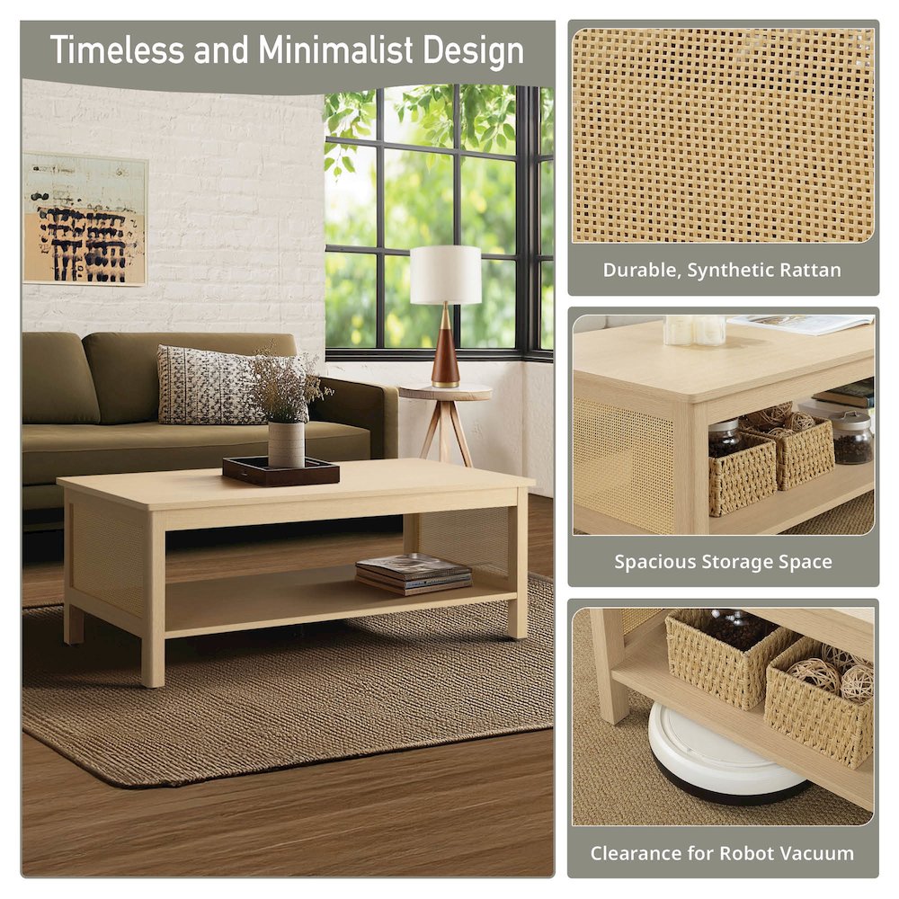 2-Tier Coffee Table with Rattan Sides & Spacious Open Shelf Storage. Picture 2
