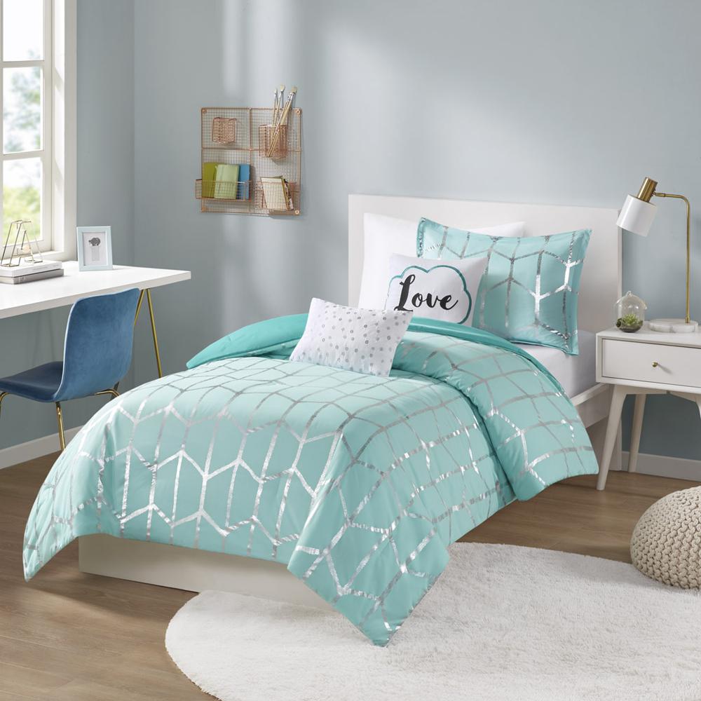 Raina Metallic Printed Comforter Set, Aqua/Silver color. Picture 4