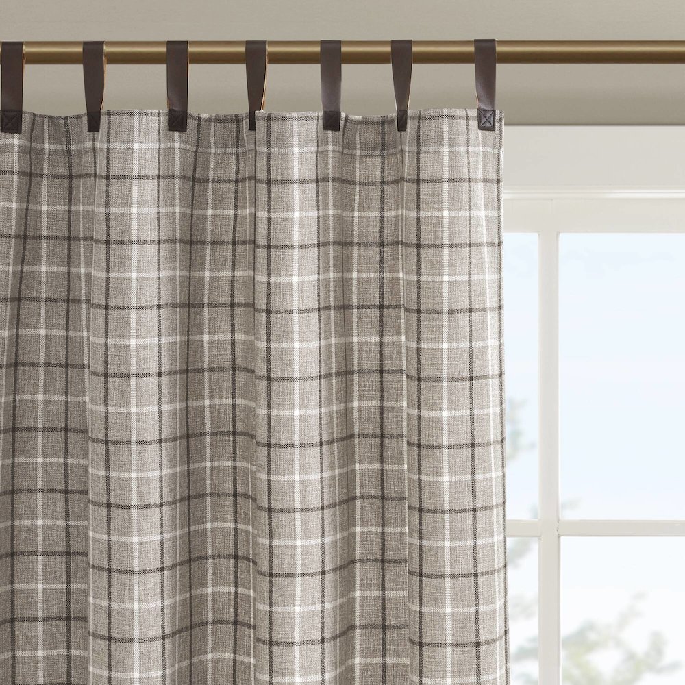 Plaid Faux Leather Tab Top Curtain Panel with Fleece Lining. Picture 3