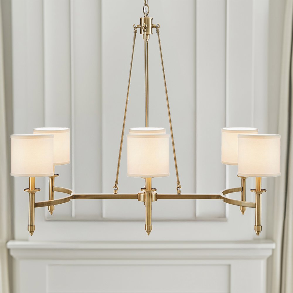 Elegenza 6-light Chandelier with Fabric Drum Shades in Antique Gold Color. Picture 3
