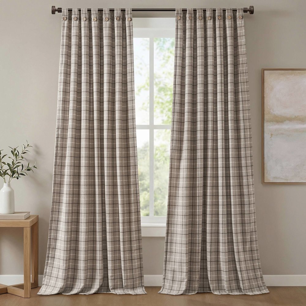 Anaheim Plaid Rod Pocket and Back Tab Curtain Panel with Fleece Lining. Picture 1