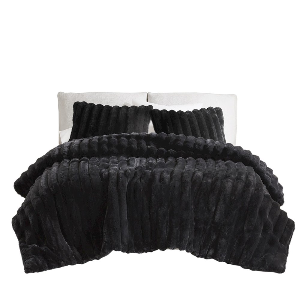 Jasmine 3 Piece Faux Fur Comforter Set in Black Color. Picture 1