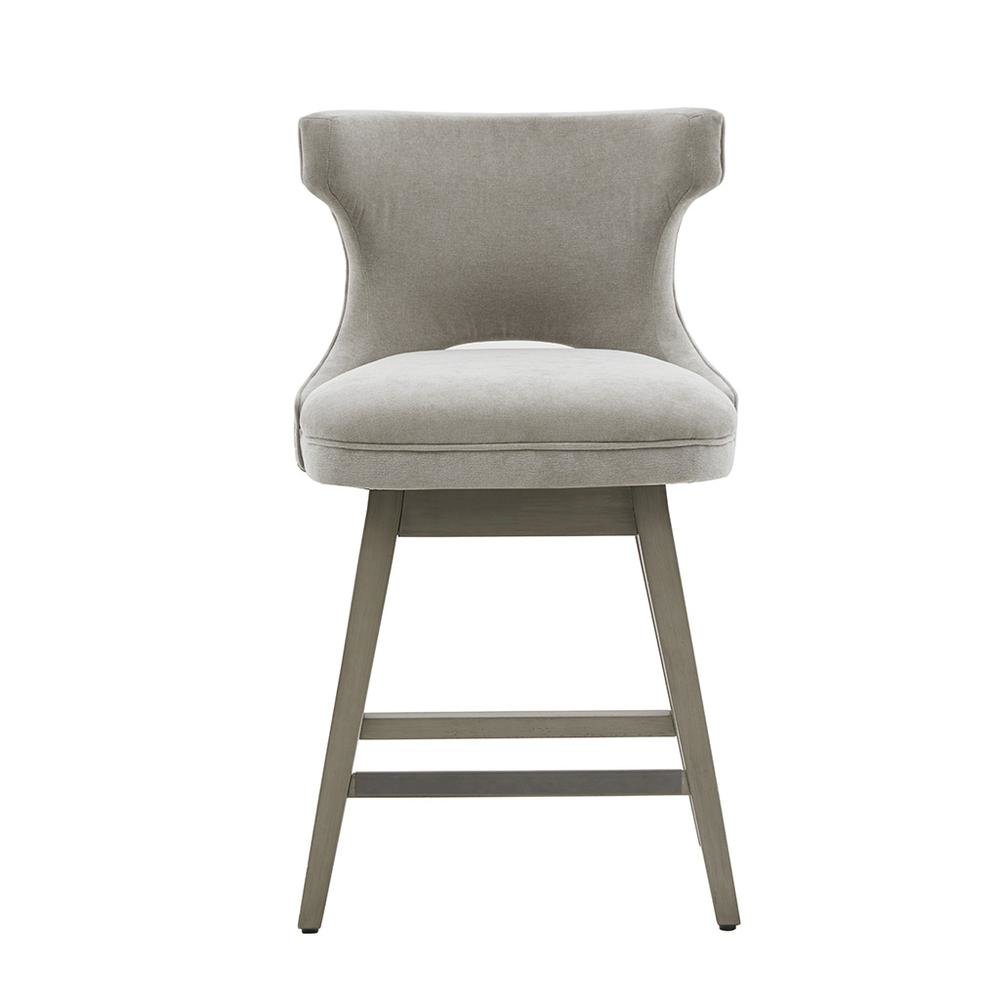 Gray Swivel Counter Stool with Solid Wood Frame and Fabric Seat. Picture 1