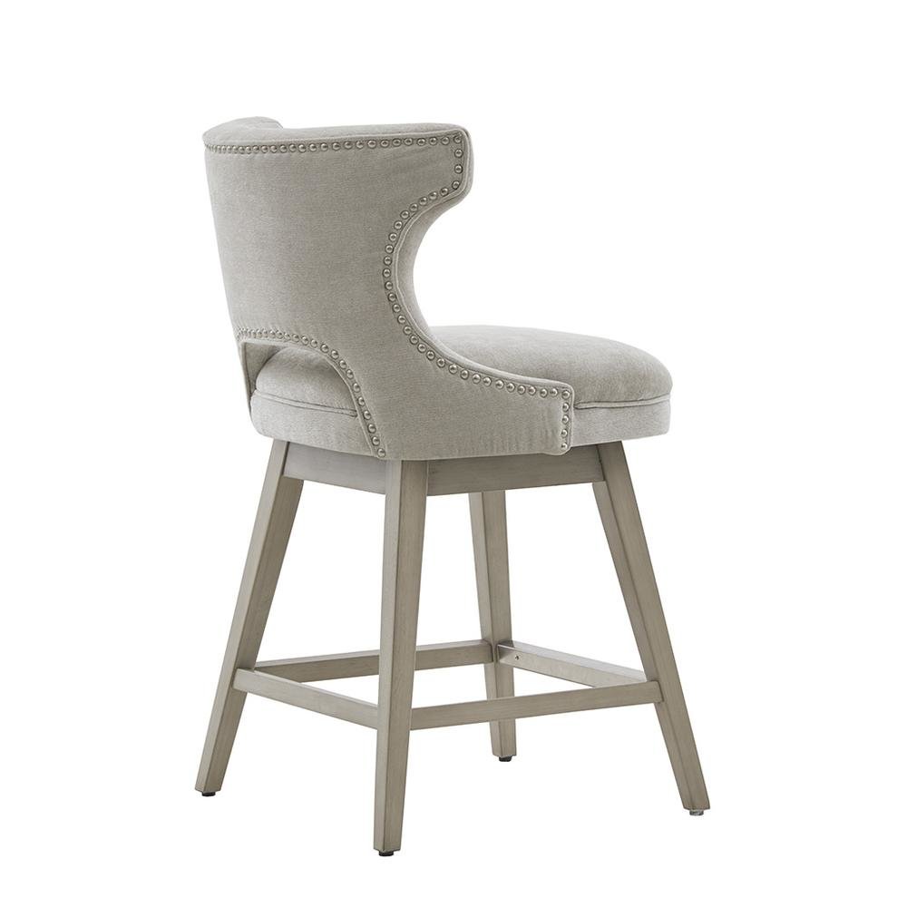 Gray Swivel Counter Stool with Solid Wood Frame and Fabric Seat. Picture 2