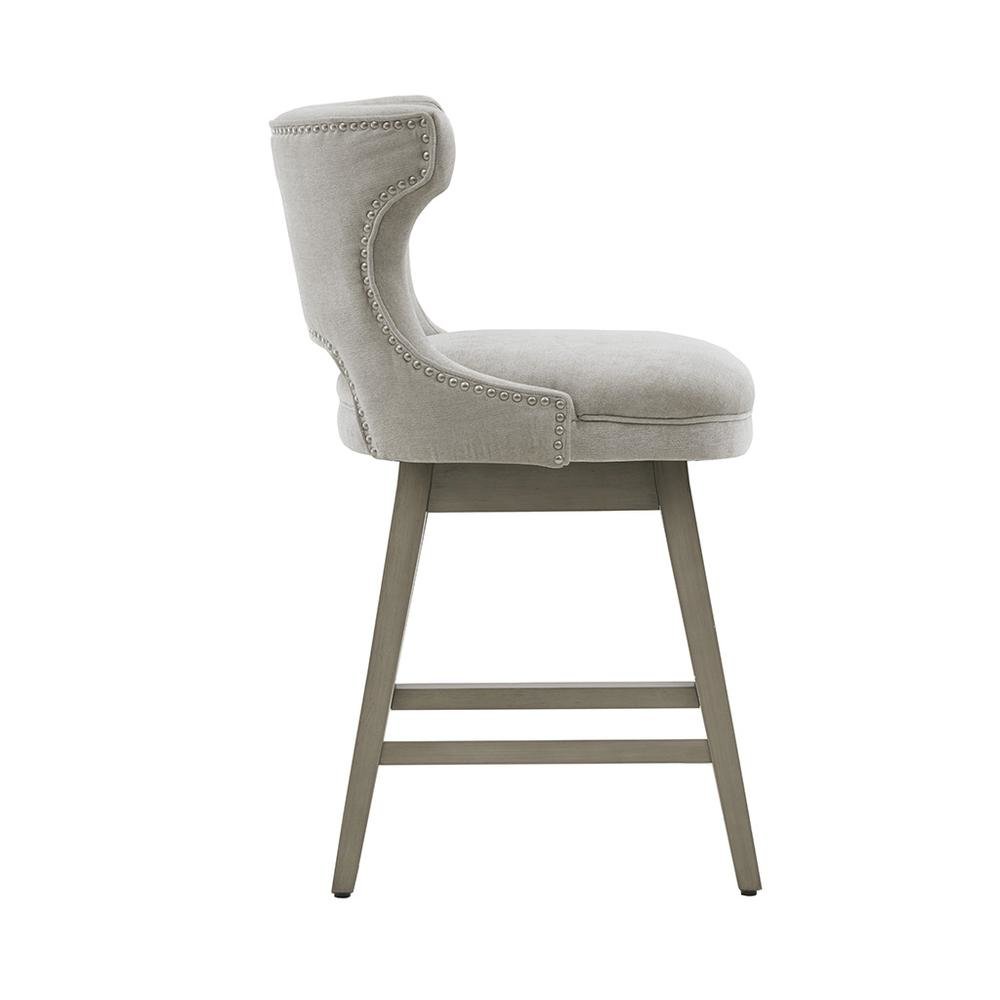 Gray Swivel Counter Stool with Solid Wood Frame and Fabric Seat. Picture 3