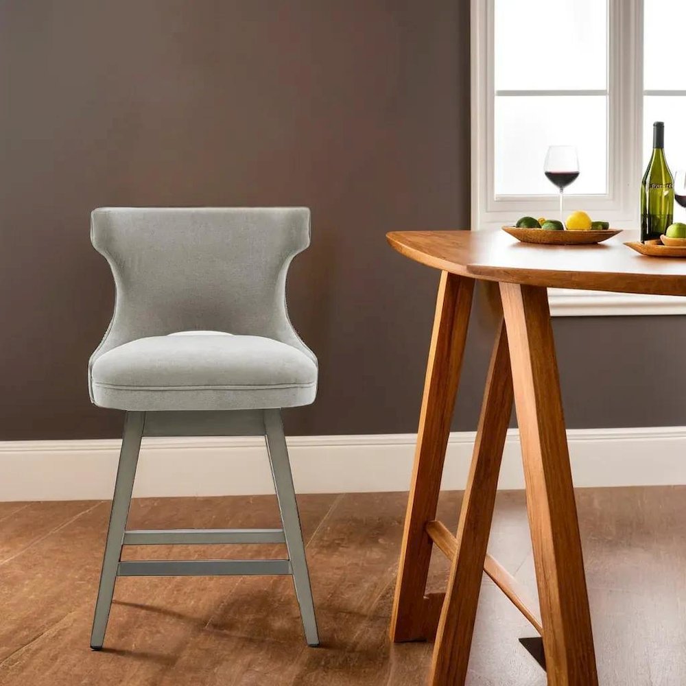 Gray Swivel Counter Stool with Solid Wood Frame and Fabric Seat. Picture 4