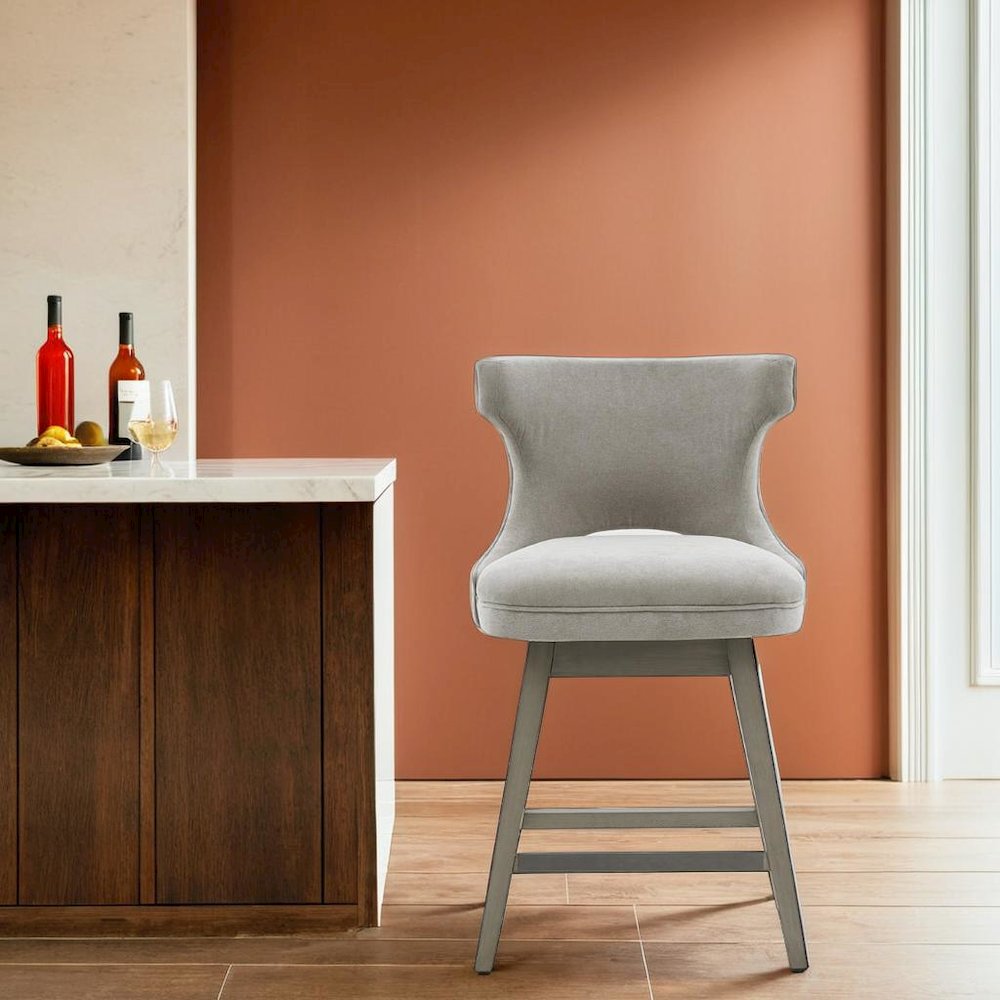 Gray Swivel Counter Stool with Solid Wood Frame and Fabric Seat. Picture 5