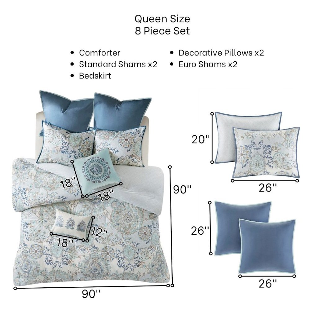8 Piece Queen Size Comforter Set, Cotton Reversible Comforter, Floral Design. Picture 9