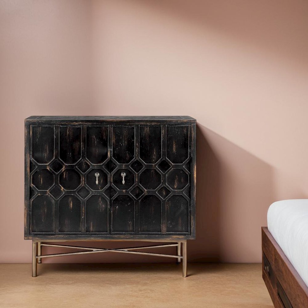 Black Accent Cabinet with 2 Doors, MDF and Metal Construction for Storage. Picture 6
