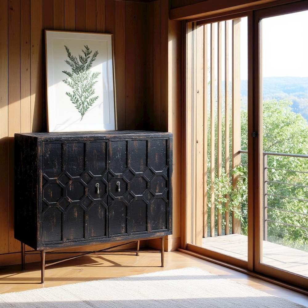 Black Accent Cabinet with 2 Doors, MDF and Metal Construction for Storage. Picture 4