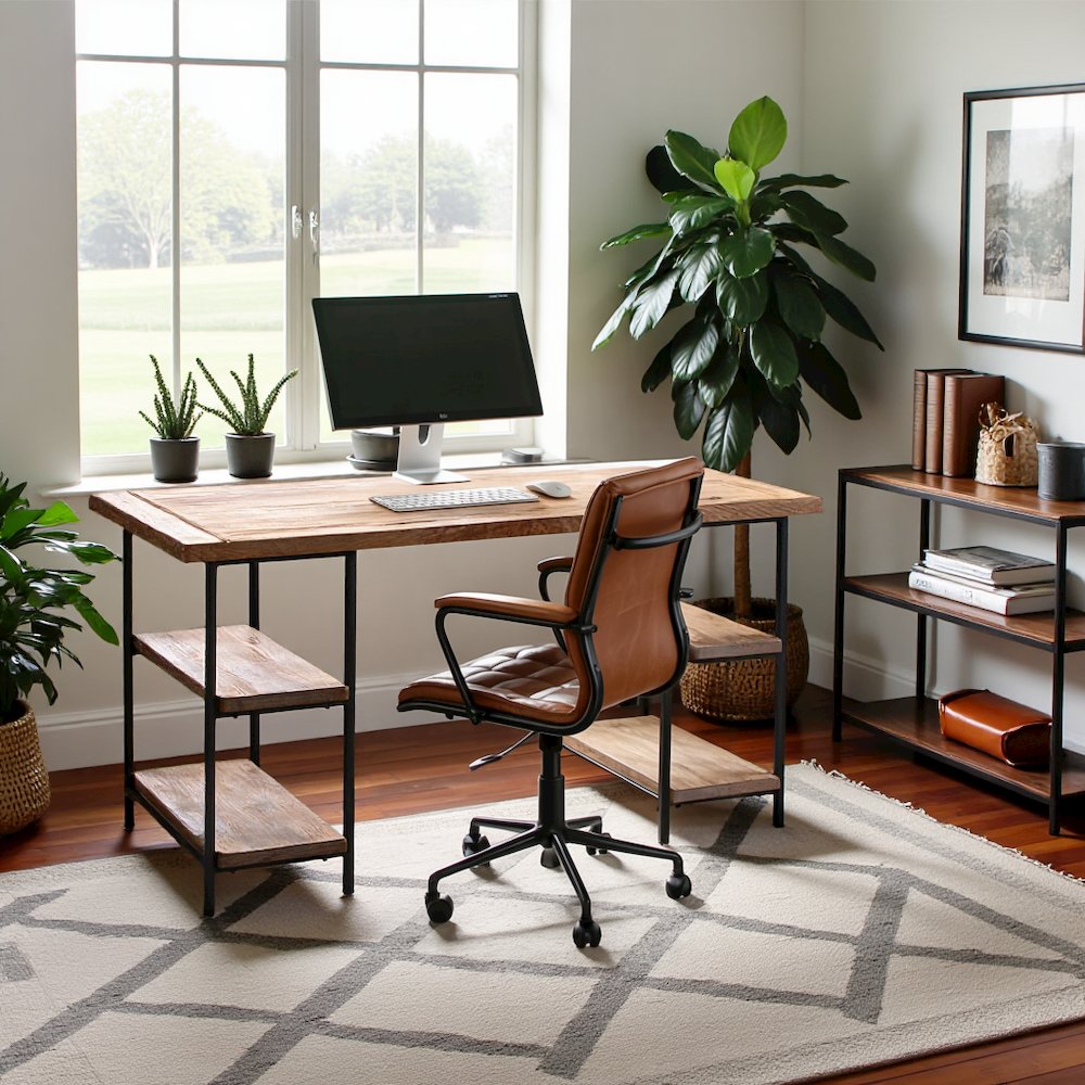 Rustic Office Desk with Storage, Computer Desk with 4 Storage Shelves. Picture 3
