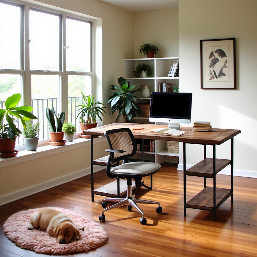 Rustic Office Desk with Storage, Computer Desk with 4 Storage Shelves. Picture 2